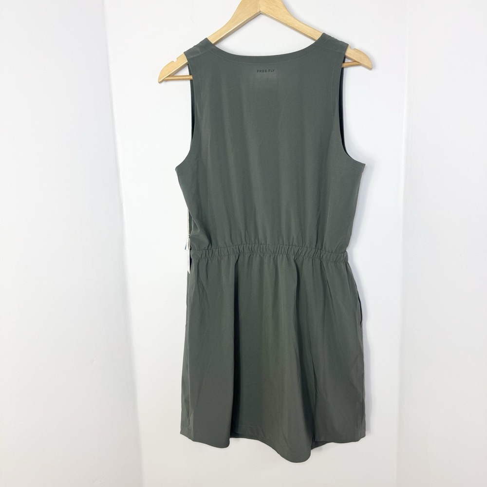 Free Fly Women's Breeze Dress L Sleeveless V-Neck Smokey Olive Drawstring Waist - Picture 2 of 9